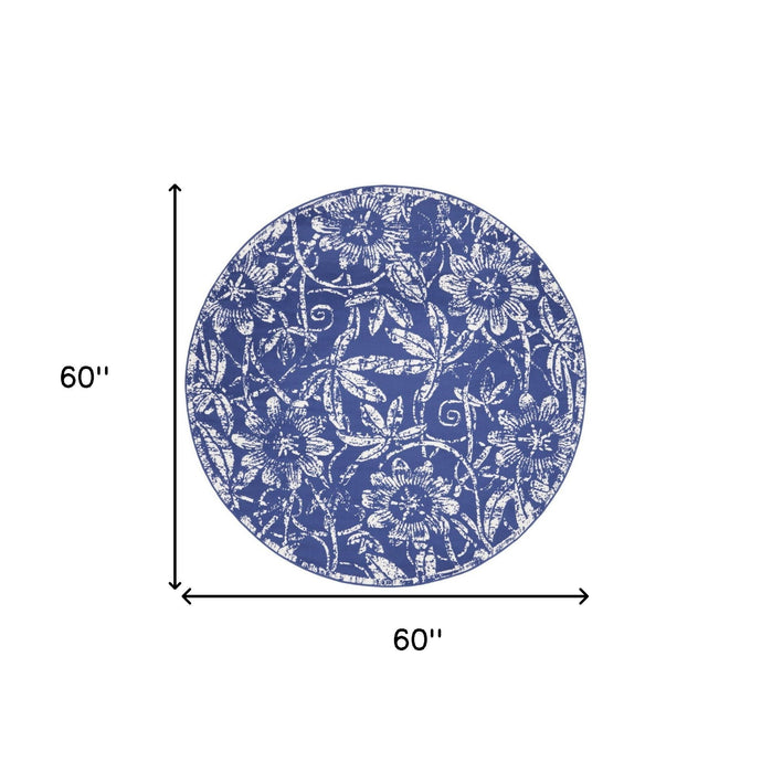 5' Floral Distressed Round Rug (552419) - Blue / White