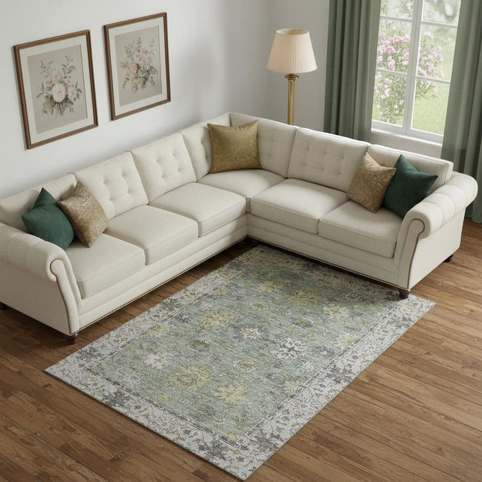 10' X 14' Oriental Washable Area Rug With UV Protection (716587) - Sage / Gray