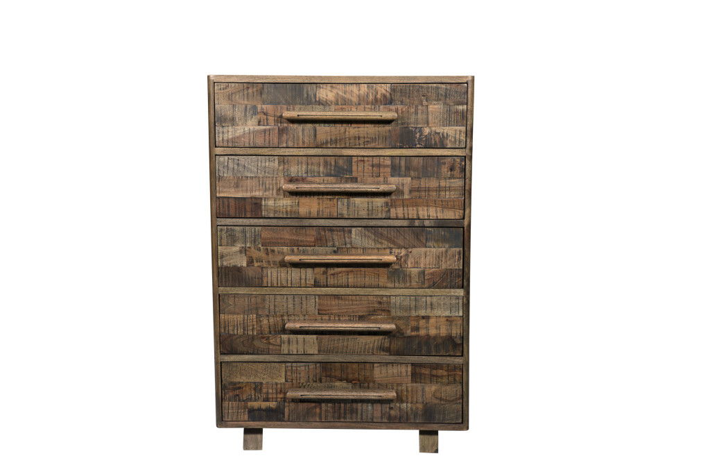 35" Carved Geometric Solid Wood Five Drawer Dresser - Brown