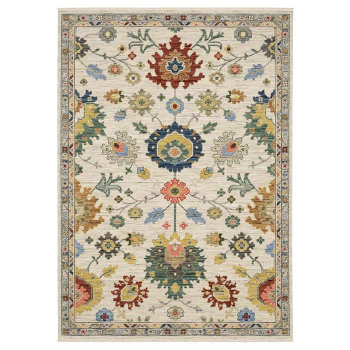 8' X 11' Oriental Area Rug With Fringe - Ivory / Blue