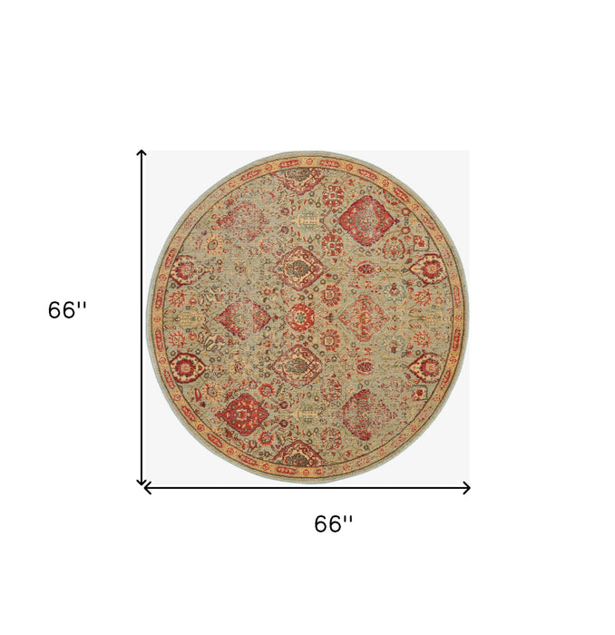 6' Floral Distressed Non Skid Round Rug (550520) - Light Green / Tan / Red