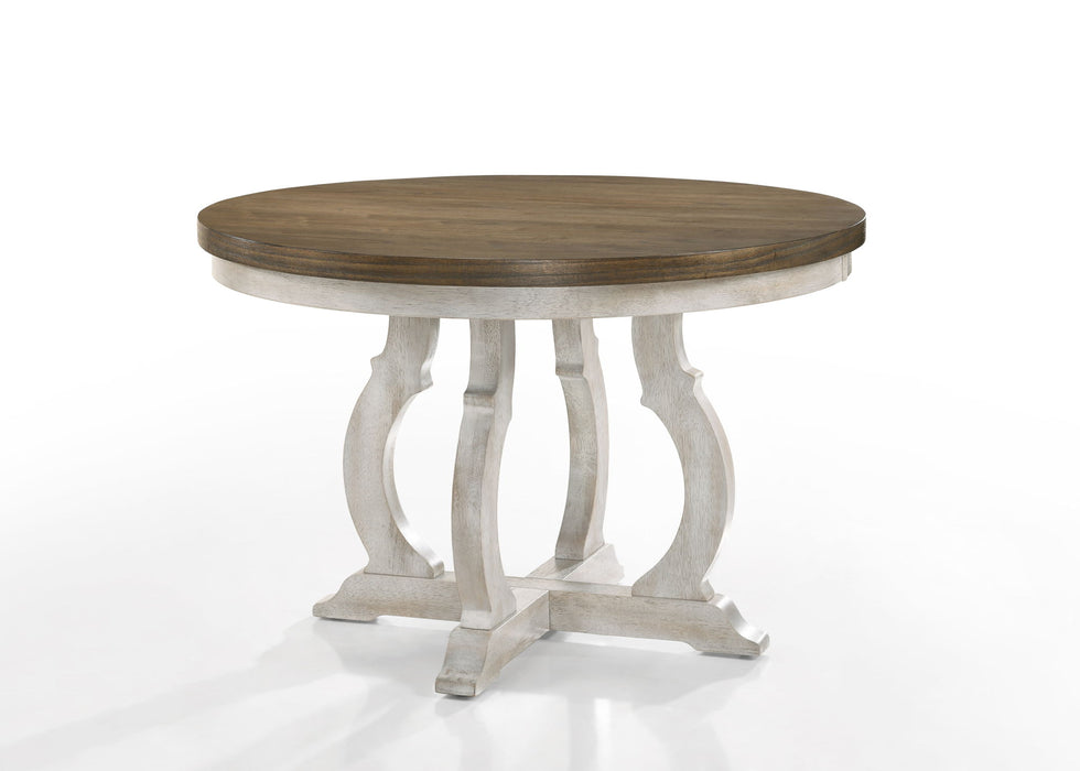 Giga Havanna 5-piece dining set with wide round vintage walnut table and off-white chairs for a stylish dining room.