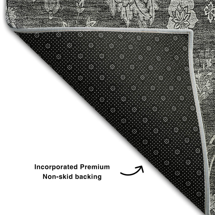 5' X 8' Floral Washable Area Rug With UV Protection (655922) - Gray / Silver