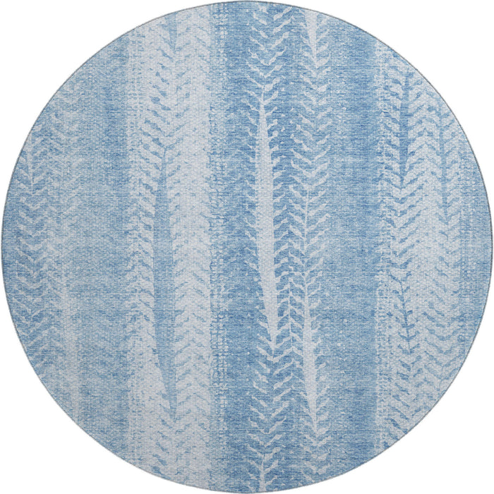 8' Striped Washable Round Rug With UV Protection (656534) - Sky Blue / Ivory