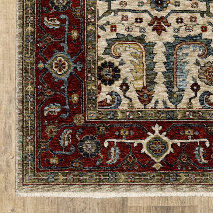 10' x 13' Oriental Power Loom Stain Resistant Area Rug With Fringe - Ivory Red Green Gray Blue And Navy