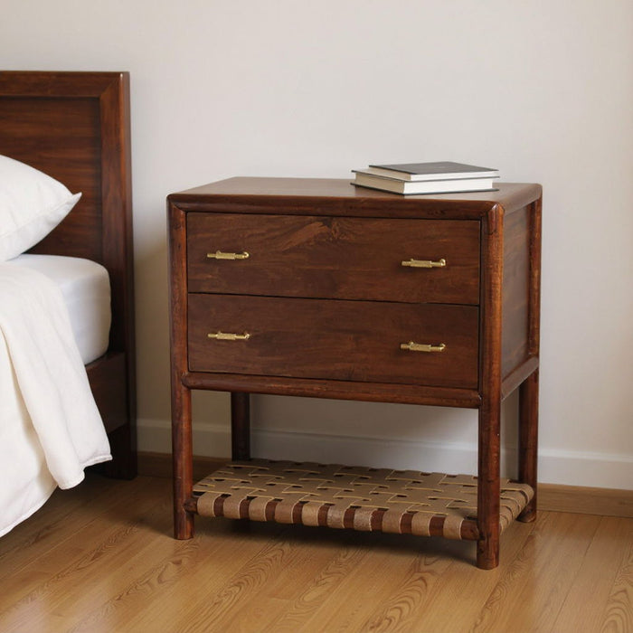 32" Solid Wood Two Drawer Nightstand With Leather Shelf - Brown