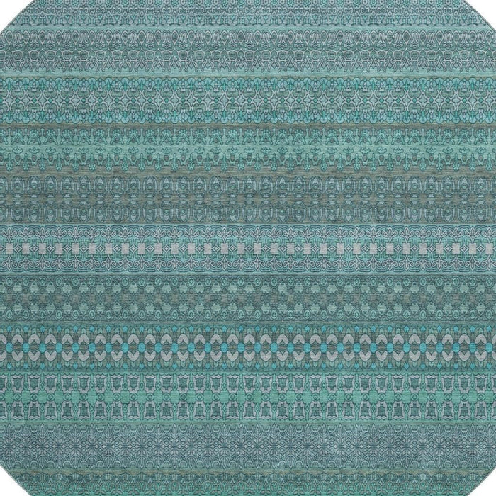 8' Striped Washable Round Rug With UV Protection (647557) - Turquoise / Ivory