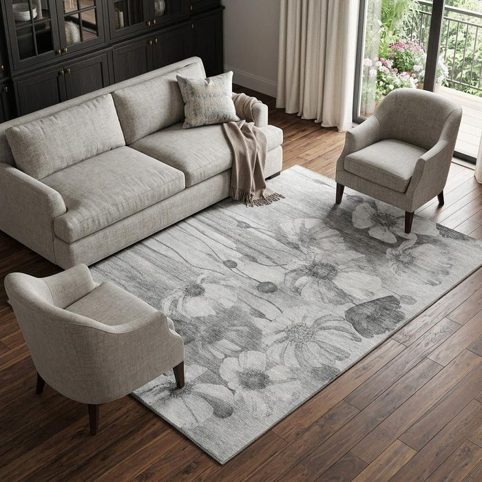 10' X 14' Floral Washable Area Rug With UV Protection (657305) - Gray / Silver