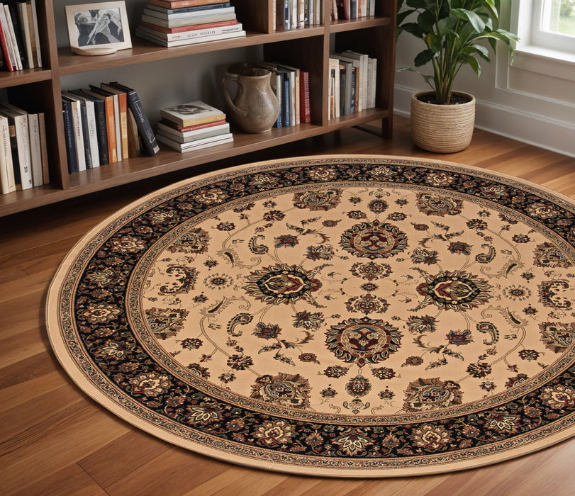 8' Oriental Round Rug - Ivory And Black