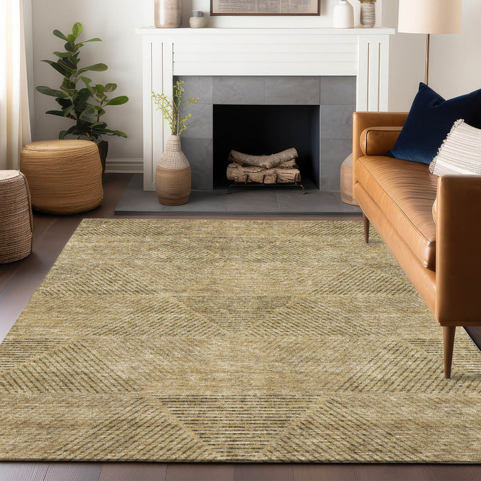 10' X 14' Geometric Washable Area Rug With UV Protection - Wheat And Beige