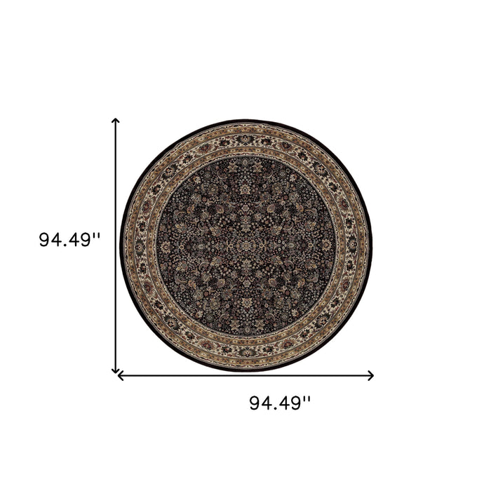 8' Oriental Round Rug - Black / Ivory