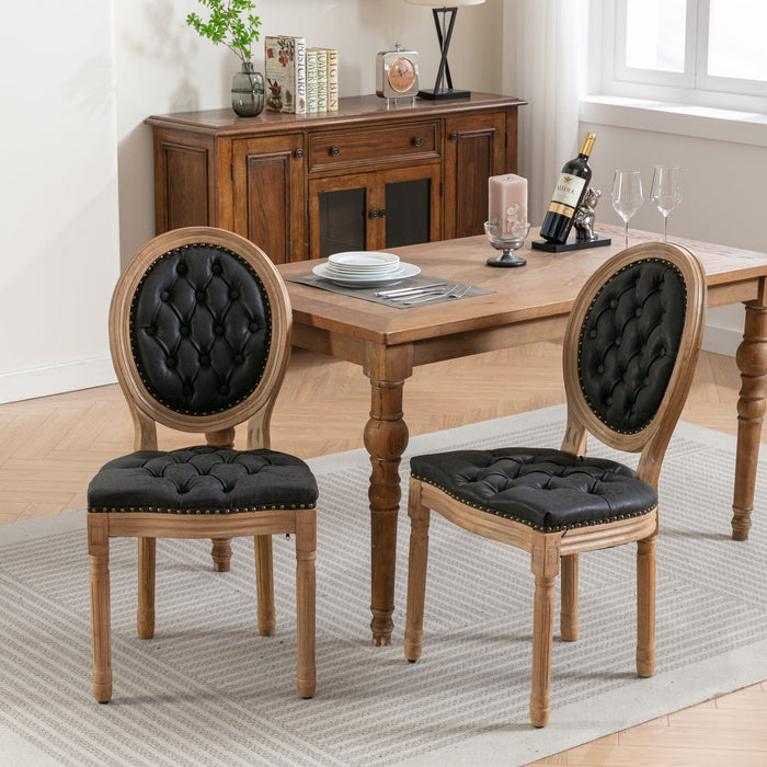 Giga French style solid wood dining chair set with antique painting frame, nailhead trim, and wooden legs.