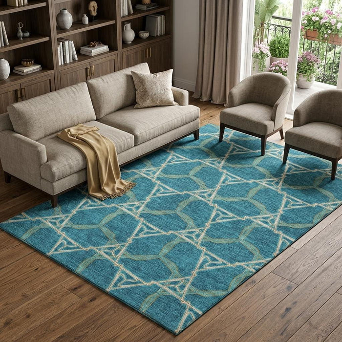 10' X 14' Geometric Washable Area Rug With UV Protection (676026) - Teal / Beige / Copper