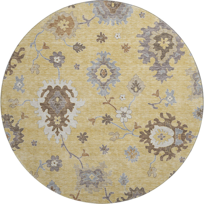 8' Floral Medallion Washable Round Rug With UV Protection - Gold