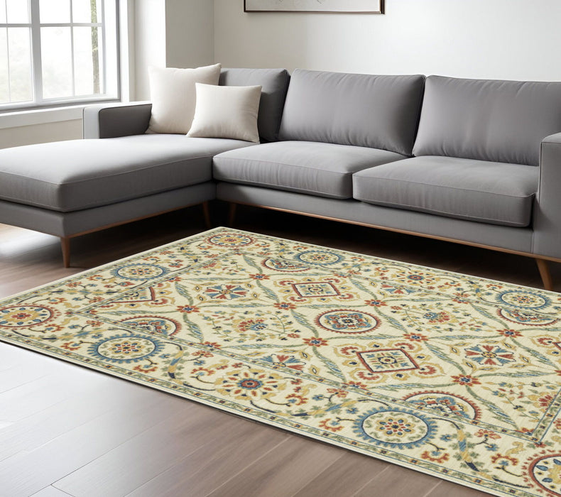 10' X 7' Oriental Area Rug With Fringe - Ivory / Orange