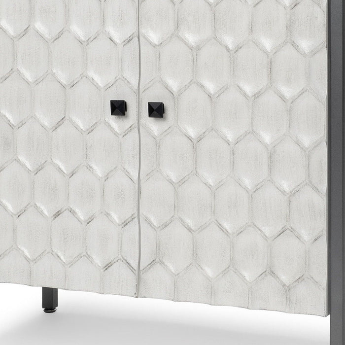 Gray and white 32-inch wood and metal carved geometric accent cabinet with two doors by HomeRoots.