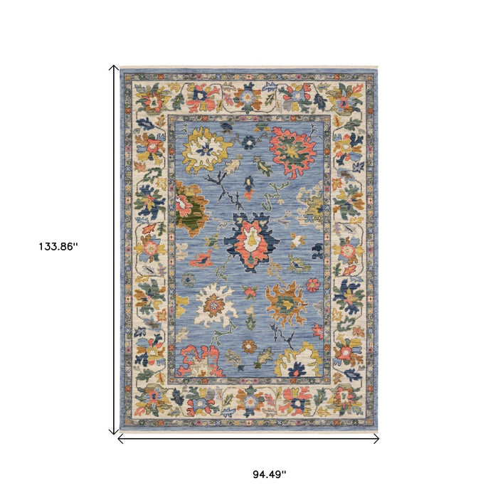 8' X 11' Oriental Area Rug With Fringe - Blue And Yellow
