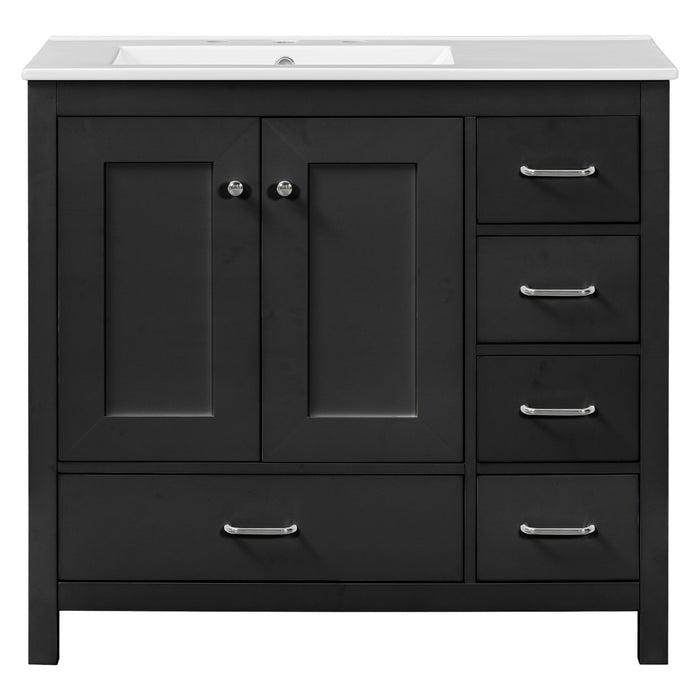 Giga bathroom vanity with ceramic sink, storage cabinet, two soft-close doors, and five drawers for ample bathroom organization.