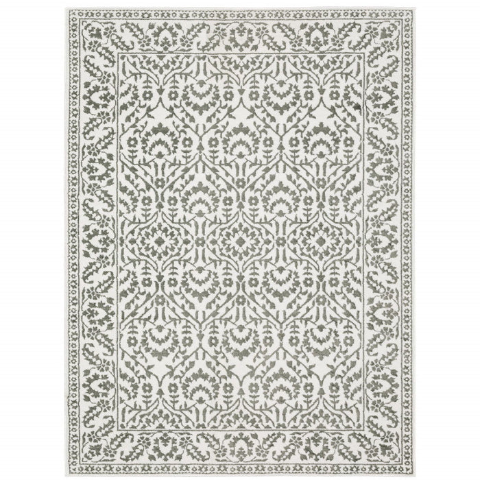 8' x 11' Floral Power Loom Stain Resistant Area Rug - Gray And White