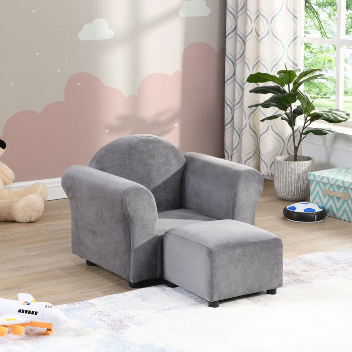 Gray Giga kids velvet upholstered stationary chair with matching ottoman, designed for comfortable seating and play.
