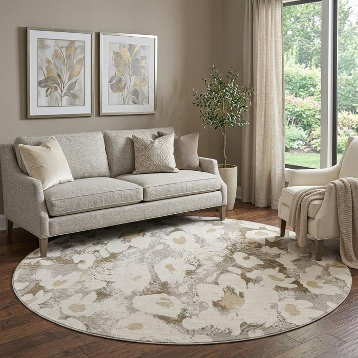 8' Floral Washable Round Rug With UV Protection (648169) - Khaki / Gray / Ivory