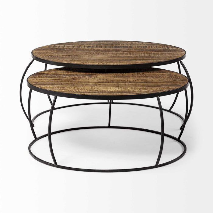 Wood And Metal Round Nested Coffee Tables - Dark Brown