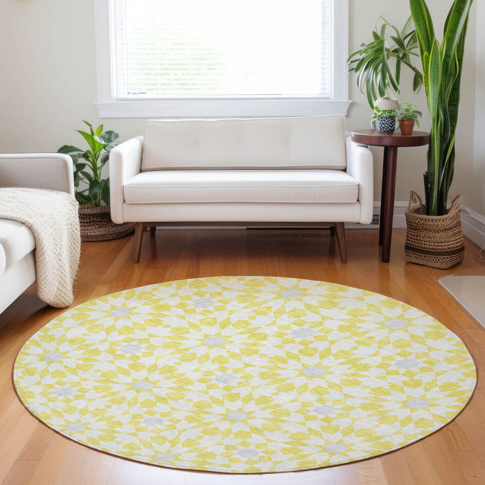 8' Geometric Washable Round Rug With UV Protection - Yellow And Gray