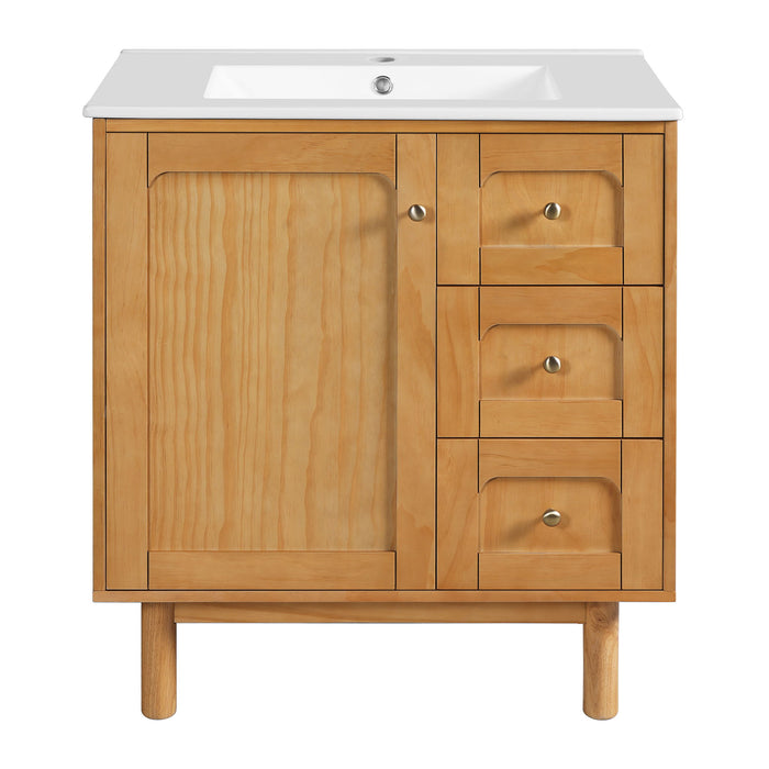 Giga bathroom vanity with sink, three drawers, soft-close door, made of natural wood, modern design for bathroom storage.