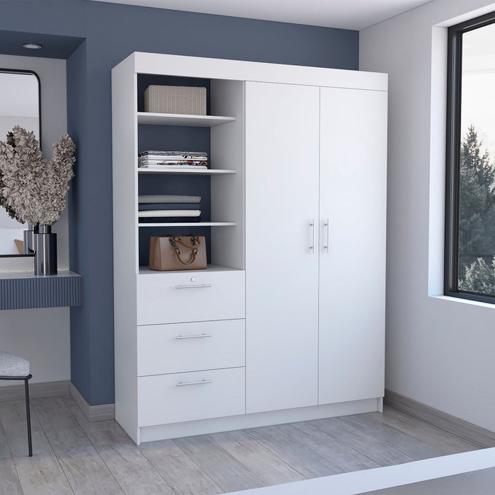 White 79-inch wood two-door wardrobe with three drawers by HomeRoots, featuring a sleek modern design and ample storage space.