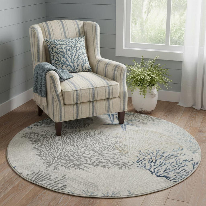 5' Seashell Non Skid Round Rug (550096) - Ivory / Blue / Gray