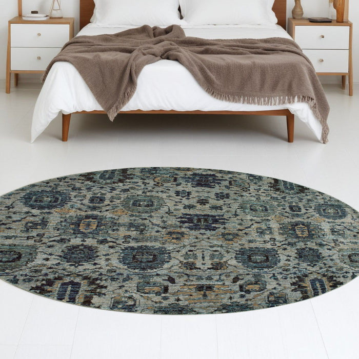 8' Round Oriental Power Loom Area Rug - Blue Green