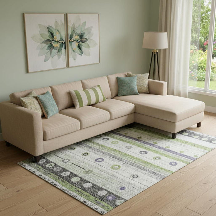 10' X 14' Striped Washable Area Rug With UV Protection (709552) - Artichoke Green / Purple / Ivory