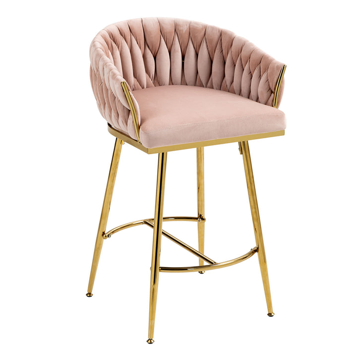 Set of two Giga pink counter height bar stools with wave back design, golden chromed base, and footrest for kitchen island use.