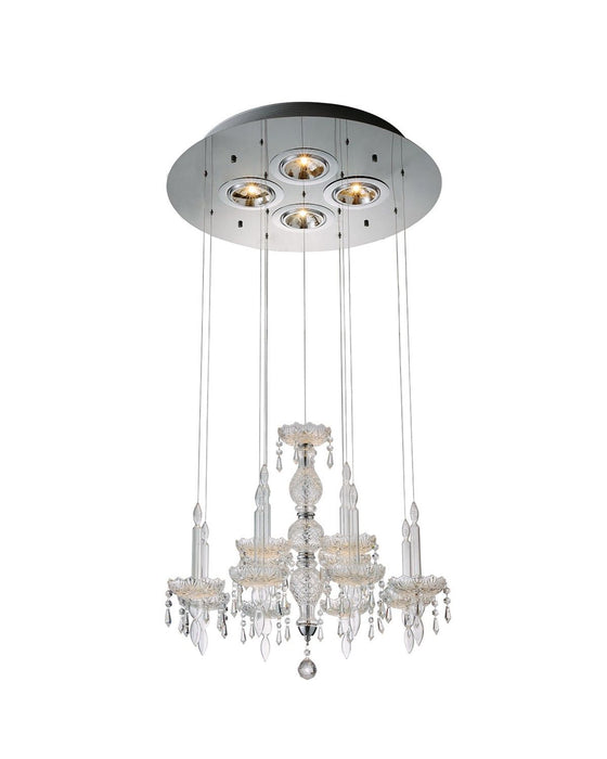 HomeRoots four-light candle style chandelier with metal and glass in nickel, ivory, and clear for elegant ceiling lighting.