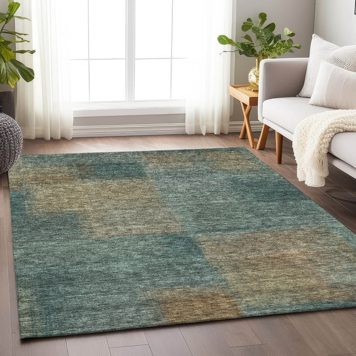 10' X 14' Abstract Washable Area Rug With UV Protection - Teal And Brown