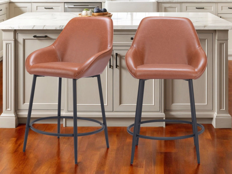 25" Faux Leather And Steel Counter Height Bar Chairs (Set of 2) - Brown And Black