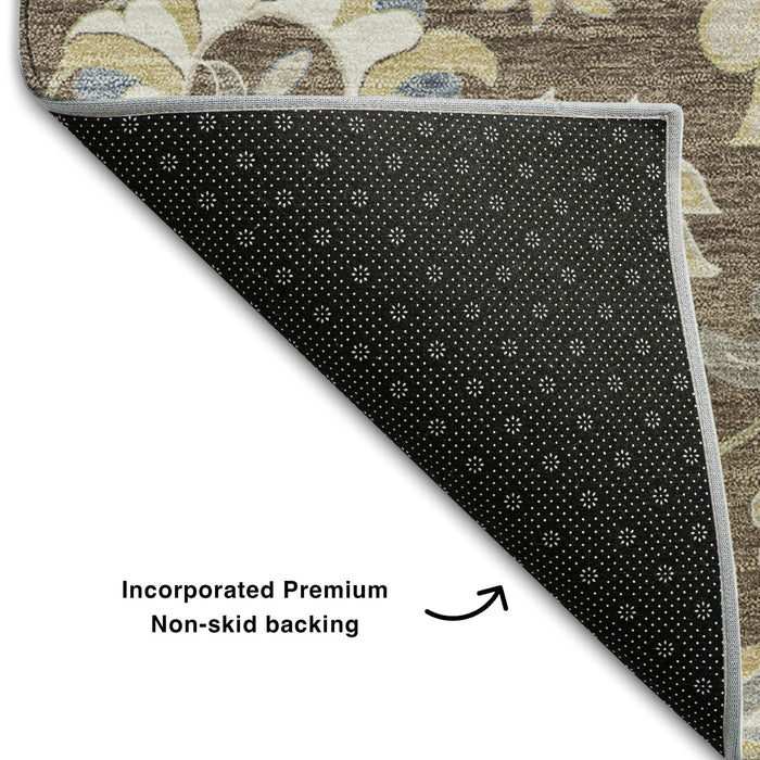 10' X 14' Floral Washable Area Rug With UV Protection (678970) - Chocolate / Blue / Beige