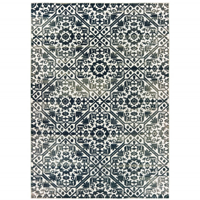9.8' x 12.8' Geometric Power Loom Stain Resistant Area Rug - Navy And Ivory