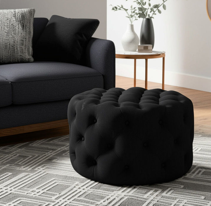 33" Modern Linen Tufted Round Cocktail Ottoman - Black
