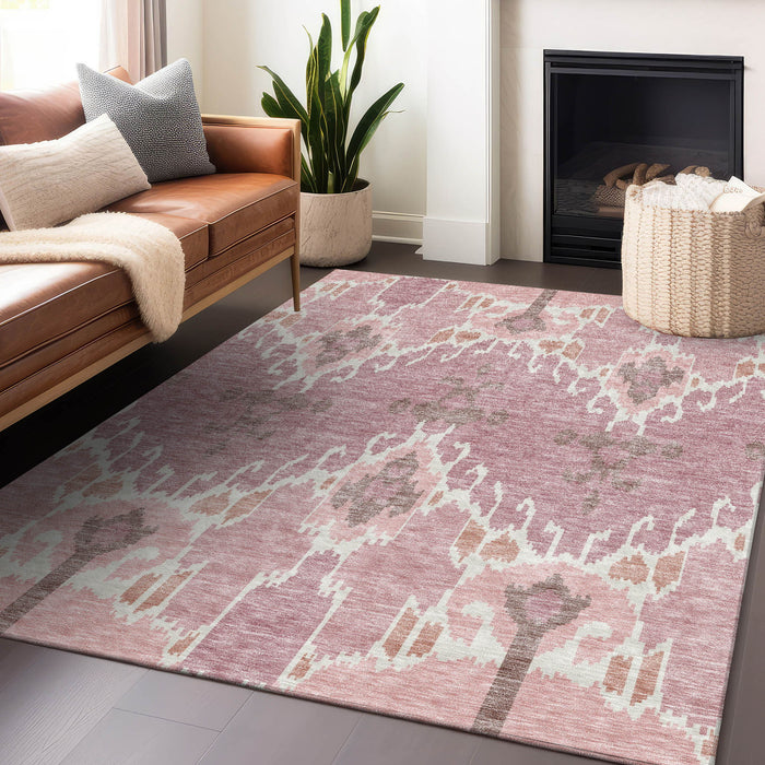 8' X 10' Ikat Washable Area Rug With UV Protection - Blush And Ivory