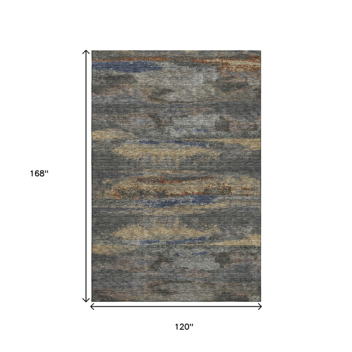 10' X 14' Abstract Washable Area Rug With UV Protection (675006) - Graphite / Gold / Blue