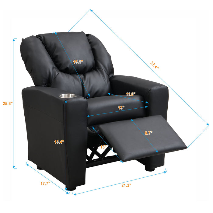 Black Giga Sally Deluxe Kids Recliner Chair with built-in cup holder, featuring a comfortable reclining design for children.