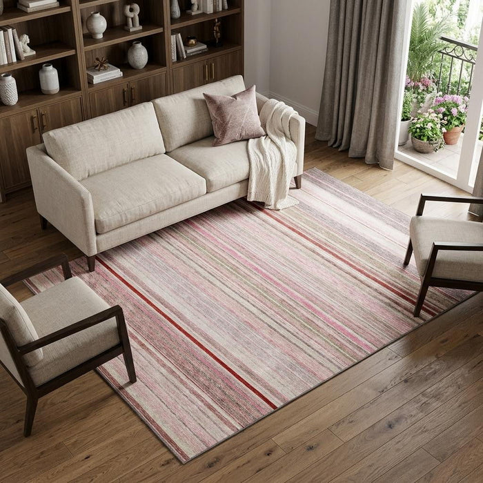 10' X 14' Striped Washable Area Rug With UV Protection (677321) - Pink / Burgundy / Ivory