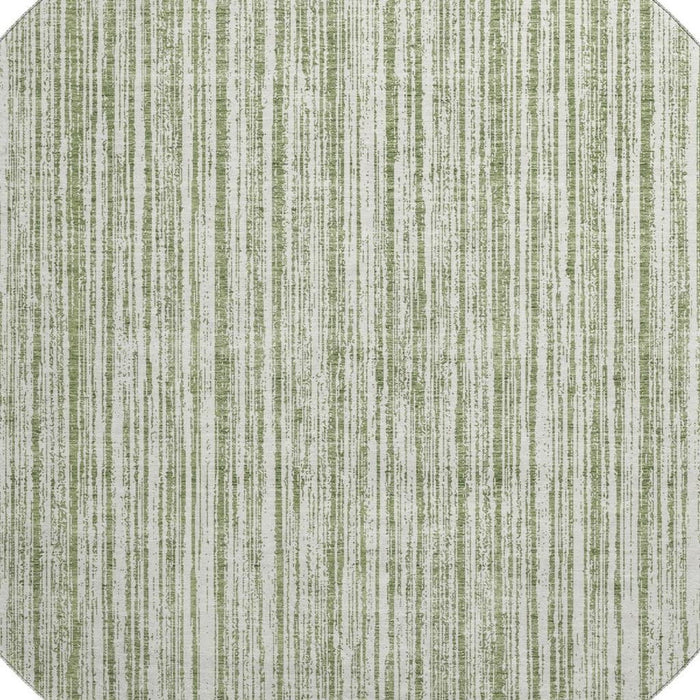 8' Striped Washable Round Rug With UV Protection - Green And Ivory