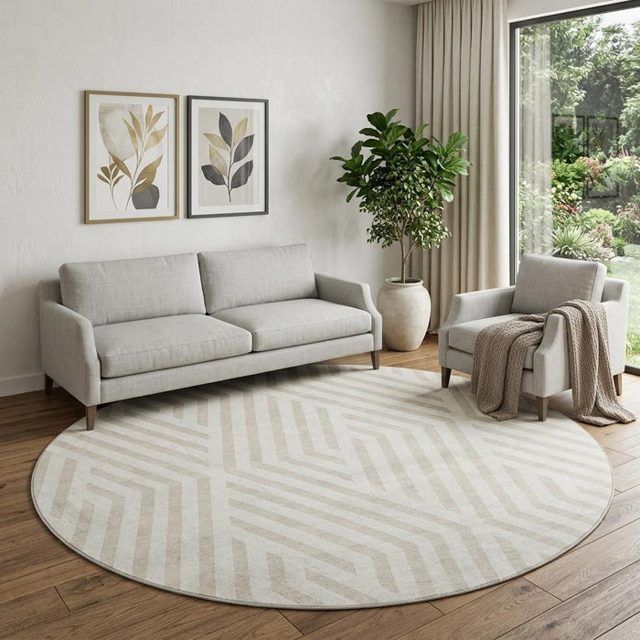 8' Geometric Washable Round Rug With UV Protection (648547) - Ivory / Beige