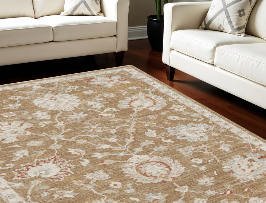 9' X 13' Floral Power Loom Distressed Area Rug With Fringe - Brown