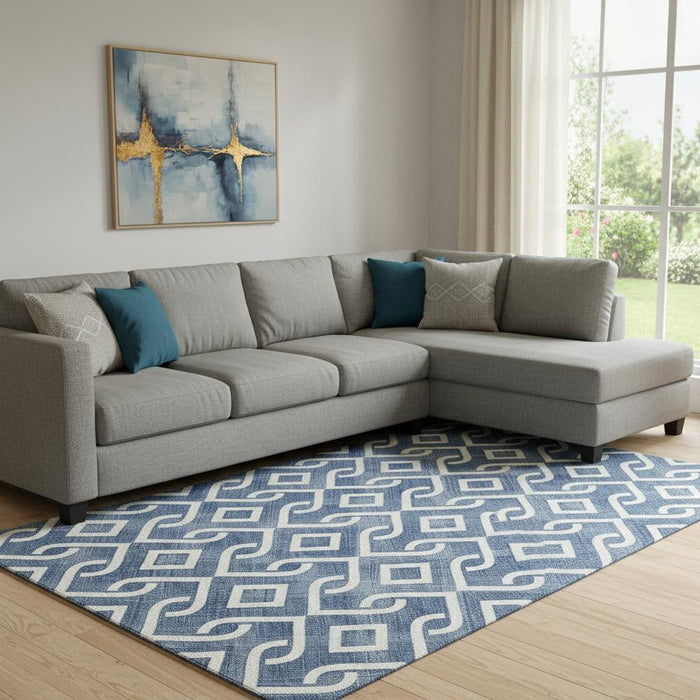 10' X 14' Geometric Washable Area Rug With UV Protection (652539) - Navy Blue / Ivory