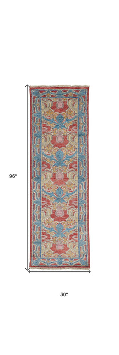 8' Wool Oriental Hand Knotted Runner Rug - Blue Red And Yellow