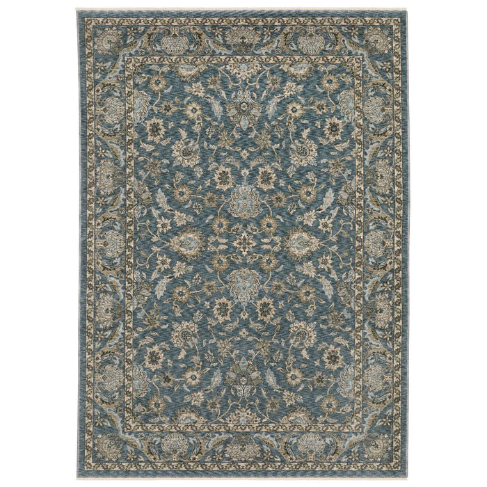 7' X 10' Oriental Area Rug With Fringe - Blue And Beige