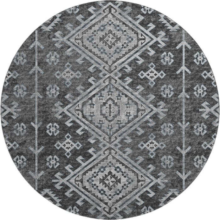 8' Geometric Washable Round Rug With UV Protection - Graphite And Charcoal